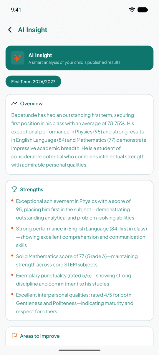 An AI summary of a child's results in the parent app