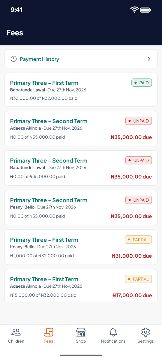 A parent's fees screen in the app
